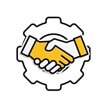 Collaboration icon. Management. Shaking hands with gears behind them. manager, success. mixed design style. vector