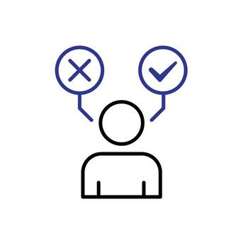 Decision icon. Management. Silhouette of a person with a tick or cross above it. manager, success. outline design style. vector