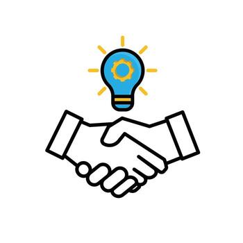 Collaboration icon. Management. Shaking hands and a light above. manager, success. mixed design style. vector