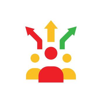 decisión icono. gestión. Tres personas con Tres flechas señalando en diferente direcciones. gerente, éxito. plano diseño estilo. vector