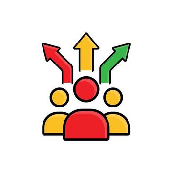 Decision icon. Management. Three people with three arrows pointing in different directions. manager, success. Isometric design style. vector
