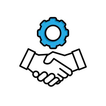 Collaboration icon. Management. Shaking hands with gears above. manager, success. mixed design style. vector