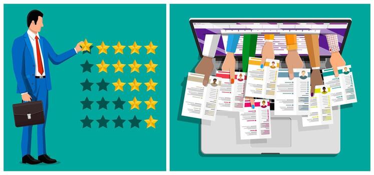 Man rating employee reviews and applications vector