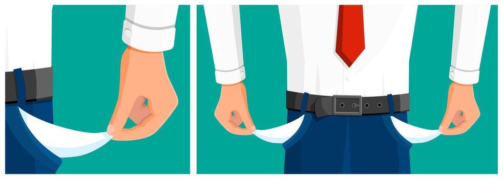 Man showing empty pants pocket. vector