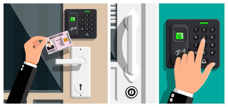 Hands using identity card and keypad access vector