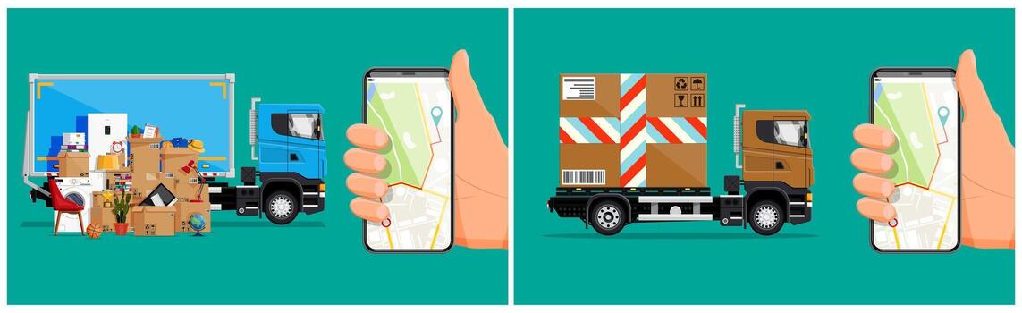 Moving truck and smartphone navigation vector