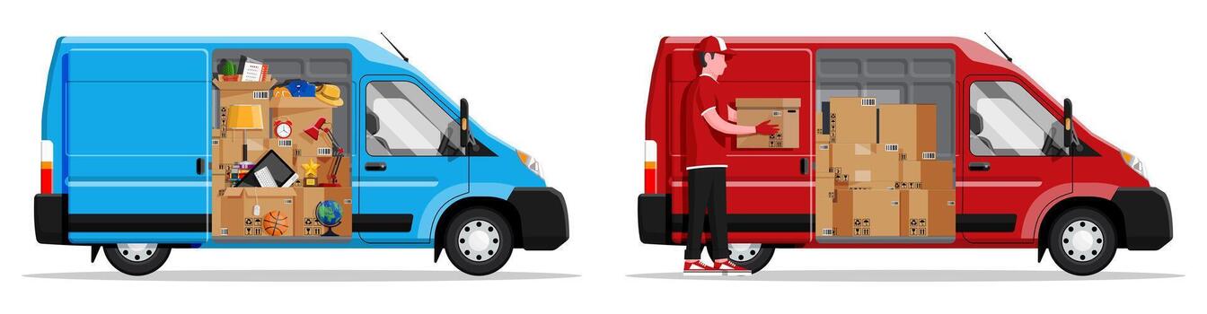 Blue and red delivery vans with boxes vector