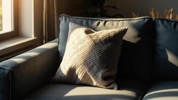 Close-up of a textured beige patterned cushion placed on a dark colored sofa illuminated by natural sunlight from a window. photo