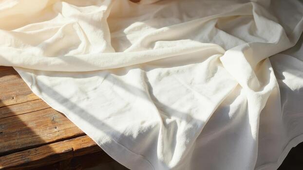White or beige wrinkled textile draped on a rustic wooden table illuminated by natural sunlight from a window casting shadows. Rustic texture and natural fabric concept photo