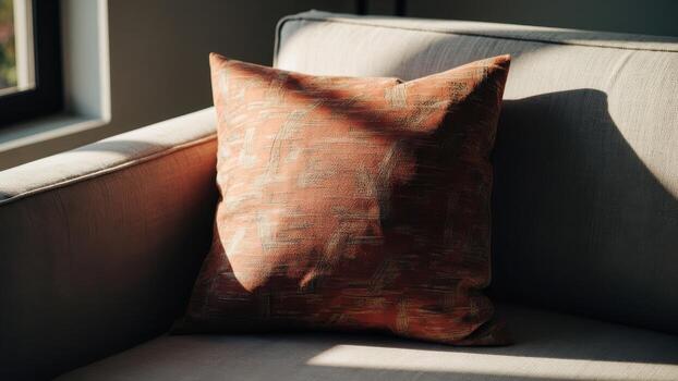 Close-up of a textured orange or brown patterned cushion placed on a light colored sofa illuminated by natural sunlight from a window. Home decor and textile pattern concept photo