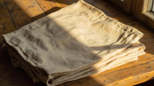 Stack of neatly folded beige fabric or napkins on a rustic wooden table illuminated by natural sunlight from a window creating shadows. Textile material and domestic textile concept photo