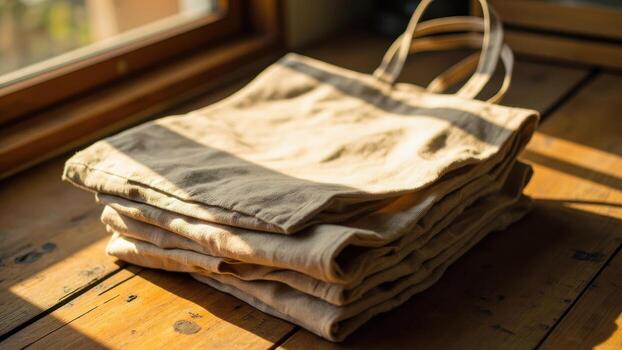 Stack of neatly folded beige tote bags with handles on a rustic wooden table illuminated by natural sunlight from a window. Textile product and simple sustainable concept photo