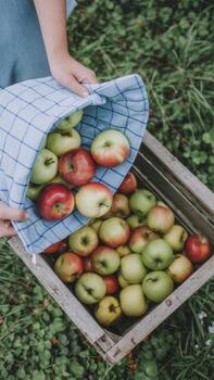 A person is pouring a crate full of ripe red and green apples into a blue checkered tablecloth on the grass during the autumn harvest photo