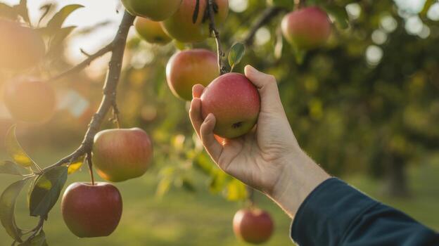 A hand reaching to pick a ripe apple from a tree branch in an orchard, capturing the essence of autumn harvest and the bounty of nature photo