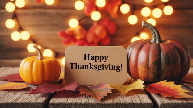 A festive thanksgiving arrangement with pumpkins, autumn leaves, and a greeting card on a rustic wooden table with string lights photo