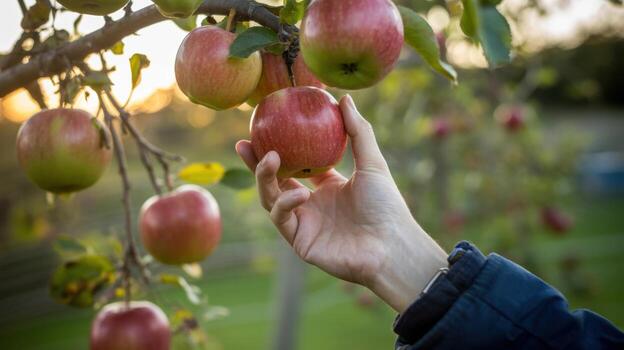 A hand reaches for a ripe red apple hanging on a tree branch in an orchard during the autumn harvest season on a sunny day photo