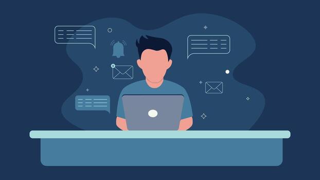plano ilustración de un hombre utilizando un ordenador portátil con charla burbujas, correos electrónicos, y notificaciones alrededor a él, Perfecto para digital comunicación, negocio, social medios de comunicación, y tecnología proyectos vector