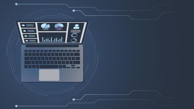 moderno ilustración de un ordenador portátil mostrando analítica tablero con cartas y gráficos en un digital fondo, Perfecto para negocio, finanzas, datos, y tecnología proyectos vector