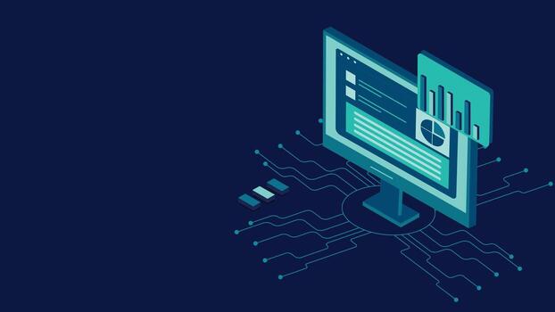 Modern isometric computer screen background featuring digital dashboard with charts and data analytics, perfect for technology, business, web, UI, and futuristic design themes. vector