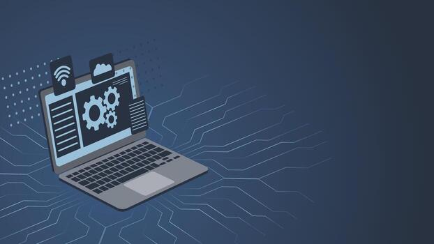 Modern abstract background featuring a laptop with gear and cloud icons on a digital tech style backdrop, ideal for business, software, IT, and technology related projects vector