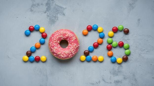 Top view of 2026 new year made of colorful candies and a pink donut on a gray background, celebrating the upcoming year photo