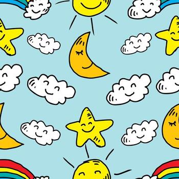Seamless pattern with cute hand drawn clouds, stars and moon. vector