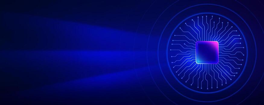 Futuristic circuit board with glowing processor on a blue background vector