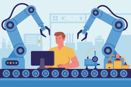 un hombre trabajando en un computadora con dos robots vector