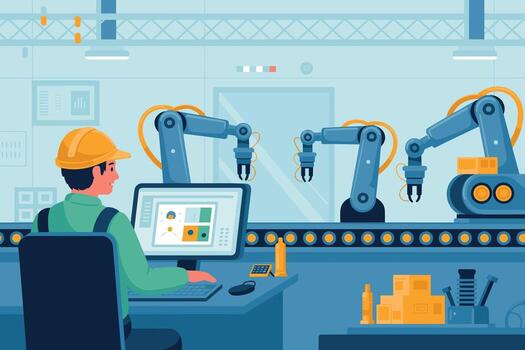 un hombre trabajando en un computadora con robots en el antecedentes vector