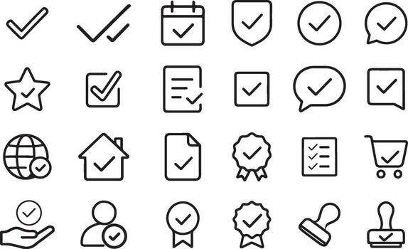 marca de verificación línea icono conjunto Arte aprobación, éxito, verificación, terminado tareas, confirmado comportamiento, y certificado símbolos vector