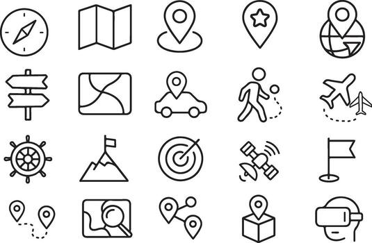 Navigation Line Icon Set Modern Outline art Icons for GPS, Compass, Maps, Routes, Travel, Direction, Location, and Navigation Apps vector