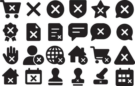 Marca de la cruz glifo icono conjunto sólido Arte Cancelar, error, rechazo, equivocado, rechazado, falla, y negado acción símbolos vector