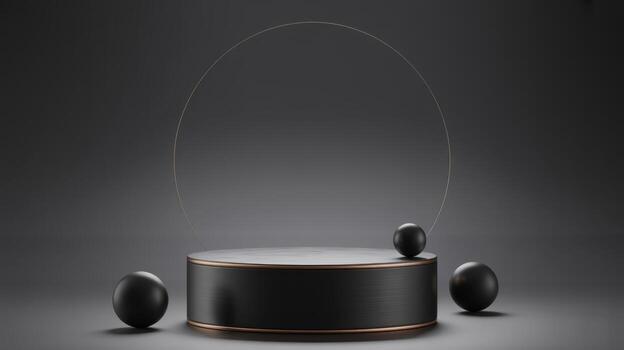 Elegant black podium with golden accents and spheres for product presentation and display, a modern and luxurious stage for showcasing items photo