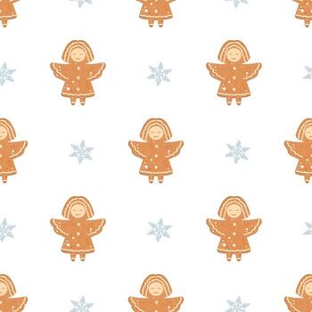 Angel and Snowflake Seamless Pattern, Gingerbread Snow Background, Winter Cookie Pattern vector