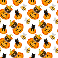 sin costura Víspera de Todos los Santos antecedentes con linda gatos, calabazas, y abejas. gracioso caracteres para tela, envase papel, y fondo de pantalla. png