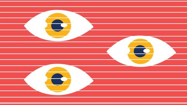 Three surreal eyes on red striped minimal abstract background vector