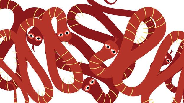 Multiple red snakes tangled together in seamless pattern vector