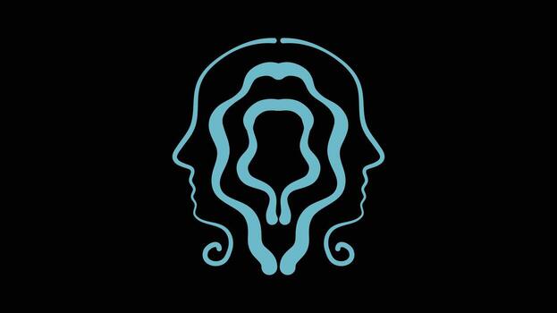 Symmetrical blue abstract faces forming surreal mirrored line composition vector