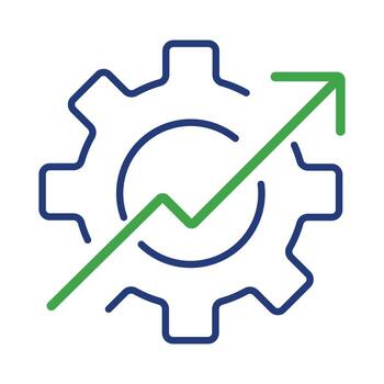 Operational excellence and performance improvement icon. A line art graphic of a gear with a growth arrow symbolizing workflow optimization. vector
