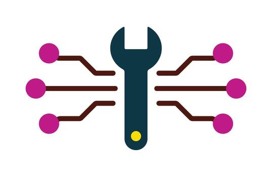 Technical support and system maintenance icon. A wrench with a digital circuit symbolizing IT solutions and configuration. vector