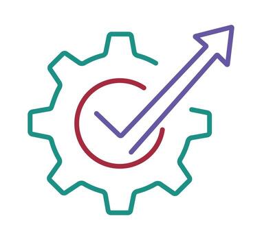 Process improvement and operational excellence icon. A gear with a check mark and a growth arrow symbolizing workflow optimization. vector