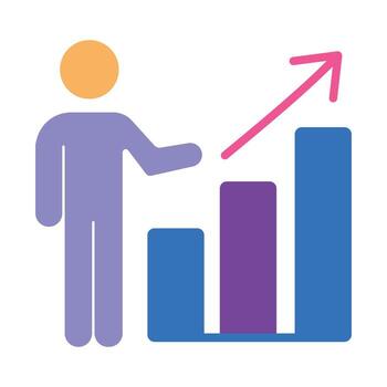 Business presentation icon with a person showing a growth chart. Symbolizes success, financial progress, and career development. vector