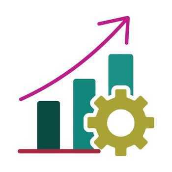 Operational efficiency and performance growth icon. A bar chart with an upward arrow and a gear symbolizing process optimization. vector