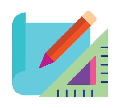 Architectural design and drafting icon with a blueprint, pencil, and triangle ruler. A symbol for a creative project, engineering, or a construction plan. vector