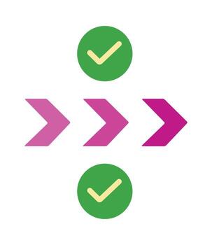 Step-by-step process icon with arrows and approval check marks. Represents a successful workflow or task completion. vector