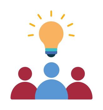 Team brainstorming and creative idea icon. A group of people with a shining light bulb symbolizing collaboration and innovation. vector