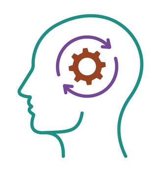 Thinking process and personal development icon. Human head with a rotating gear, symbolizing learning and adaptation. vector