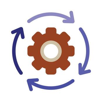 flujo de trabajo automatización icono con un engranaje y giratorio flechas simboliza un continuo proceso, operaciones gestión, o sistema actualizar. vector