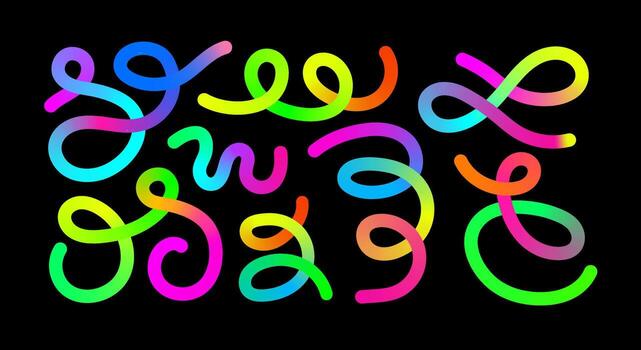 Neon wavy Lines. Abstract gradient 3D elements. Rainbow dynamic spirals, squiggles, swirls on black background. illustration vector