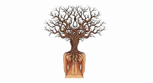 A captivating illustration isolated on white background of a woman with a tree for a head and roots for a spine, symbolizing growth and connection vector